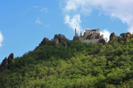 Wachau, Austria - August 12, 2012  Ruins of Durnstein Castle on the rocks above the Danube river  It was built in the 12th century  The English King, Richard the Lionheart was captured here in 1192 のeditorial素材