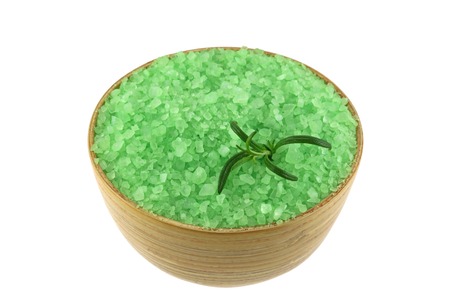 Sea Salt Bath with Algae extract in a wooden bowl, great body scrubの写真素材