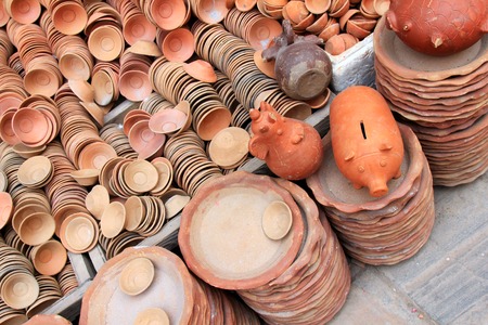 Piggy Banks and other potteries made of clay for sale in Kathmandu, Nepal.の写真素材