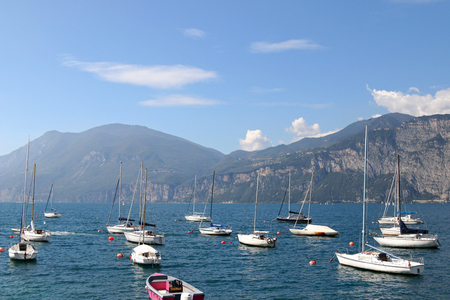 Many sailboats on The Garda Lake  Lago di Garda in Italyのeditorial素材