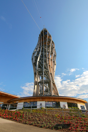 An evening view of the new Pyramidenkogel Tower in Carinthia, Austria on July 14, 2015. It is a 100 meter observation and broadcasting tower made of wood and steel.のeditorial素材