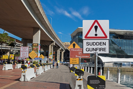 SYDNEY, AUSTRALIA - APRIL, 2016 : Collection of strange signs exhibiting at the Signspotting area, south of Cockle Bay wharf, Darling Harbour in Sydney, Australia on April21, 2016.のeditorial素材