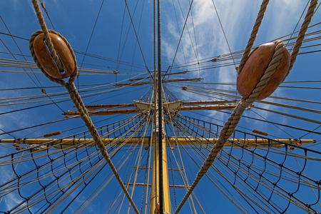 Closeup details of James Craig mast and rigging, three masted barque, sailing ship at Darling...
