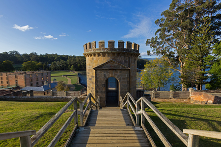 Port Arthur, Tasmania, Australia - April 12, 2017 : The Guard Tower as a ruin on Settlement Hill at Port Arthur Historic site in Tasmania, Australia on April 12, 2017. It was built in 1842 as military precinct to watch over the siteのeditorial素材