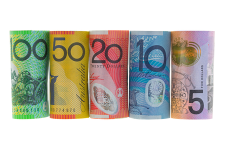 Rolls of Australia Banknote. Different Australian 5, 10, 20, 50, 100 dollars money isolated on white backgroundの写真素材