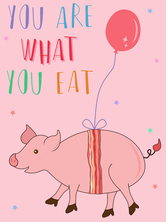 Vector illustration of cute pink pig cartoon wrapped with bacon hanging in the air with balloon with you are what you eat textのイラスト素材