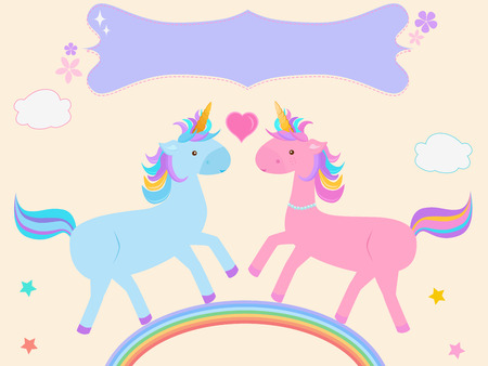 Vector illustration of cute Unicorn couple cartoon in pink blue on pastel rainbow with blank tag on yellow background
のイラスト素材