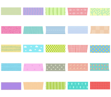 Vector illustration set of cute colorful hand drawn masking tape (Washi tape), fabric strip, blank tags labels stickers with patterns in soft pastel color as design elements for decoration isolated on white background
のイラスト素材