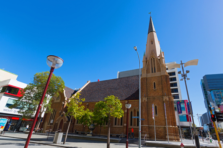 PERTH, AUSTRALIA - FEBRUARY 2018 : Exterior of Wesley Church, a Uniting Church in the City of Perth, Western Australia on February 24, 2018. It is located on William and Hay Street.のeditorial素材