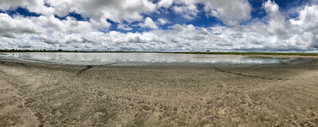 Panoramic view of salt lake shore with blue sky background at Serengeti National Park in Tanzania,...