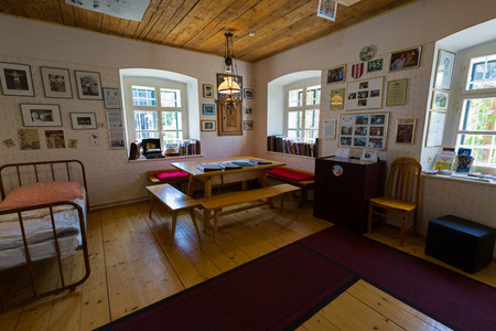STYRIA, AUSTRIA - JULY 2018 : Arnold Schwarzenegger's bedroom when he was a child at Arnold Alois Schwarzenegger Museum Thal, his birthplace in Thal village, Styria in Austria on July 20, 2018のeditorial素材