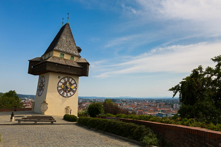 Clock tower, called the Uhrturm on top of Schlossberg Castle Hill in Graz, summer in Austria, Europeのeditorial素材
