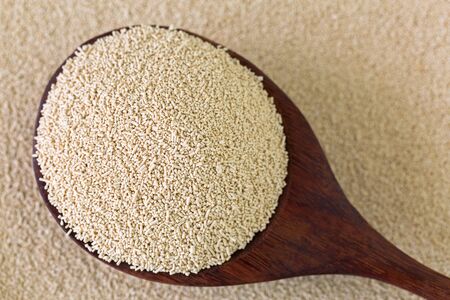 Active dry Baking yeast granules in wooden spoon, top viewの写真素材
