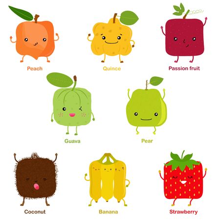 Cute vector of square shaped smiling fruit, vegetable with happy face - Peach Quince Passion fruit Pear Guava Coconut Banana Strawberry. Colorful set of food illustration isolated on white background のイラスト素材
