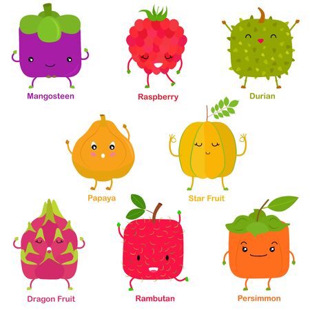 Cute vector of square shaped smiling fruit, vegetable with happy face - Star Fruit Raspberry Durian Dragon Fruit Persimmon Mangosteen Papaya Rambutan. Colorful set of food illustration isolated on white background のイラスト素材