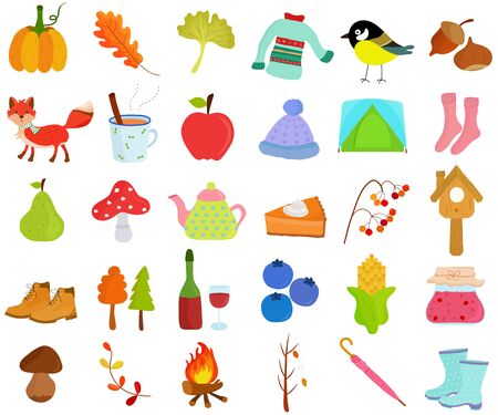 Vector of Autumn Fall season set, seasonal decoration theme in flat design illustration. Bundle of cute colorful icon collection isolated on white background.
vector, autumn, fall, season, pumpkin, oak, gingko, sweater, cold, bird, great tit, chestnut, fox, animal, mulled wine, beverage, apple, beanie, tent, sock, pear, mushroom, kettle, pie, berry, bird house, boots, hiking, shoes, tree, wine, blueberry, corn, harvest, jam, preserve, bolete, toadstool, fire, camping, umbrella, tea, wildlife, cinnamon, fruit, grains, alcohol, pastel, color, のイラスト素材
