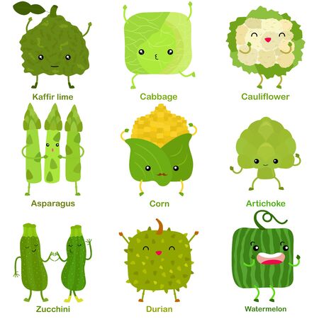 Cute vector of square shaped smiling fruit, vegetable with happy face in green color - Kaffir lime Cabbage Cauliflower Asparagus Corn Artichoke Zucchini Durian Watermelon. Colorful illustration set on white background のイラスト素材