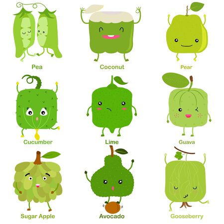 Cute vector of square shaped smiling fruit, vegetable with happy face in green color - Pea Coconut Pear Cucumber Lime Guava Sugar Apple Avocado Gooseberry. Colorful illustration set on white background のイラスト素材