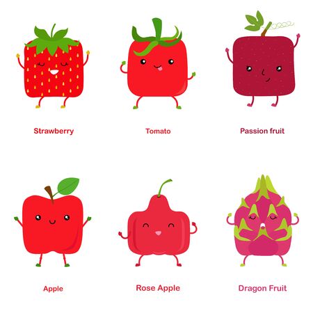 Cute vector of square shaped smiling fruit, vegetable with happy face in red color - Strawberry Tomato Passion fruit Apple Rose Apple Dragon Fruit. Colorful illustration set on white backgroundのイラスト素材