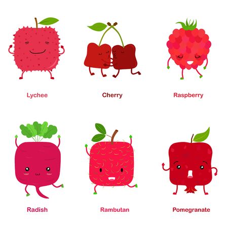 Cute vector of square shaped smiling fruit, vegetable with happy face in red color - Lychee Cherry Raspberry Radish Rambutan Pomegranate. Colorful illustration set on white background のイラスト素材