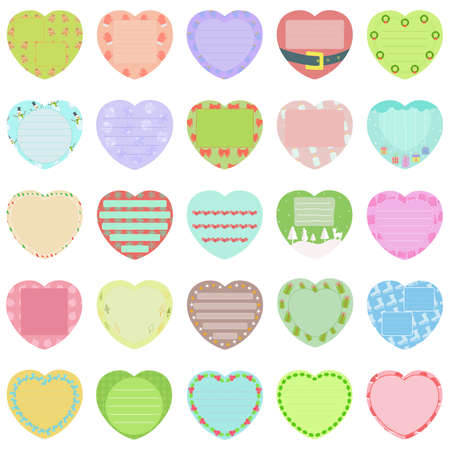 Vector set of pastel Christmas winter gift tags, cute colorful hand drawn illustration, blank label in heart frame with doodle pattern for decoration isolated on whiteのイラスト素材