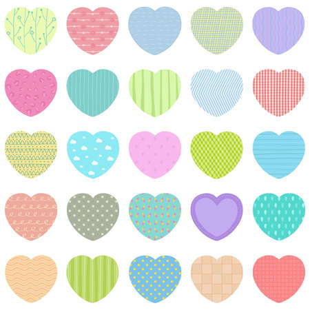 Vector set of pastel gift tags, cute colorful hand drawn illustration, blank label in heart frame with doodle pattern for decoration isolated on whiteのイラスト素材