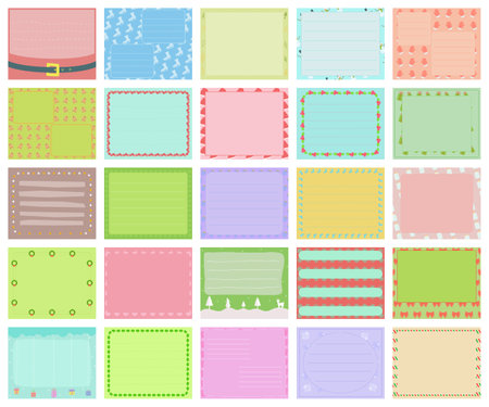 Vector set of pastel Christmas winter gift tags, cute colorful hand drawn illustration, blank label in rectangle frame with doodle pattern for decoration isolated on whiteの写真素材