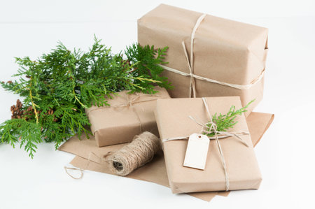 presents wrapped in brown paper on a white background with greeneryの写真素材