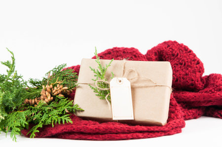 christmas gift with greenery and a red blanketの写真素材