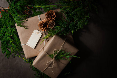 Brown paper packages tied up with string with Christmas greeneryの写真素材