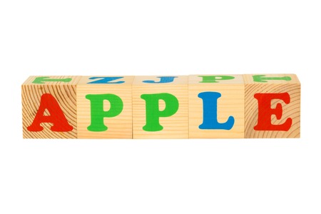 Wood cube with inscription APPLE isolated on a white background