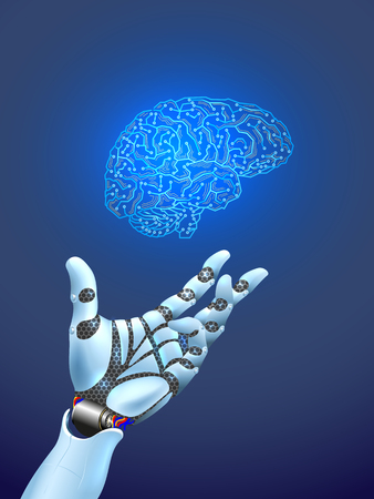 Robot arm and hand human, touch. Illustration can be used for artificial intelligence business banner design. Technological concept. Banner. Low poly vector illustration of a starry sky or Cosmosのイラスト素材