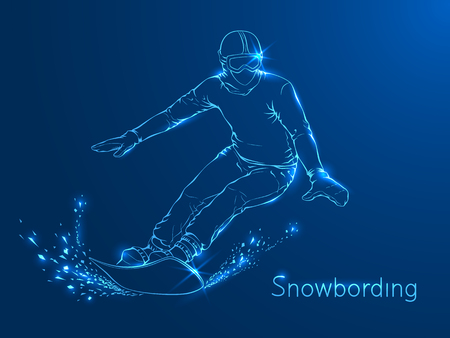 Snowboarder with a board on his shoulders. Green neon winter sports background.のイラスト素材