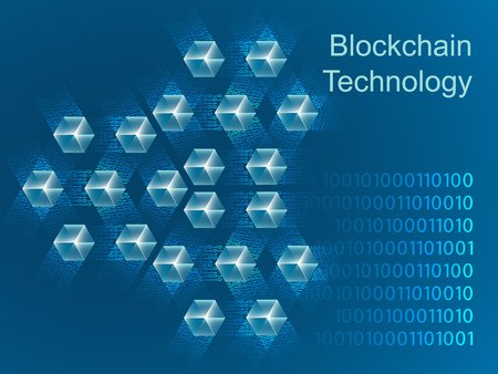 Blockchain concept slider banner design with isometric blocks chain illustration and text vector illustrationのイラスト素材