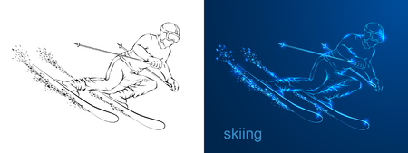 Linear silhouette of the drawing the athlete on skis. Art of the line. Line drawing of a happy man jumpingのイラスト素材
