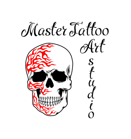 Vector template tattoo studio red, black logo on white background. Cool retro style emblem. Tattoo studio sign.のイラスト素材
