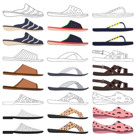 Set collection male and female different slippers, sandals and flip-flops with straps and soles for men and women on white background. Vector isolated various colored, transparent, outline slippers.のイラスト素材
