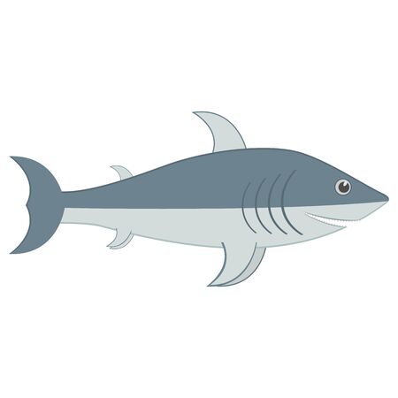 Cute shark with open mouth. Shark smiling and fun with teeth and jaw. Marine aquatic animal. Icon of shark. Flat vector isolated illustration on white background.のイラスト素材