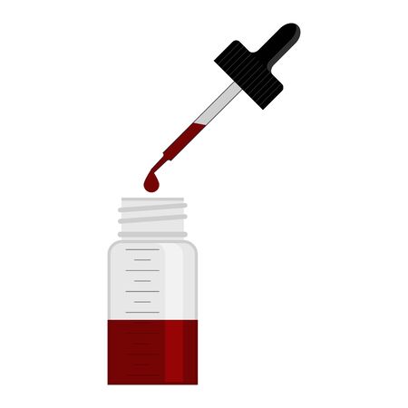 Vial with a plastic pipette, open lid and falling drop red color. Glass bottle with a pipette, vector drawing. Isolated on white background.のイラスト素材