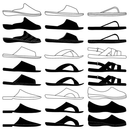 Set of transparent outline and silhouettes icons male and female slippers, sandals and flip-flops with straps and soles for men and women. Vector isolated illustrations.のイラスト素材