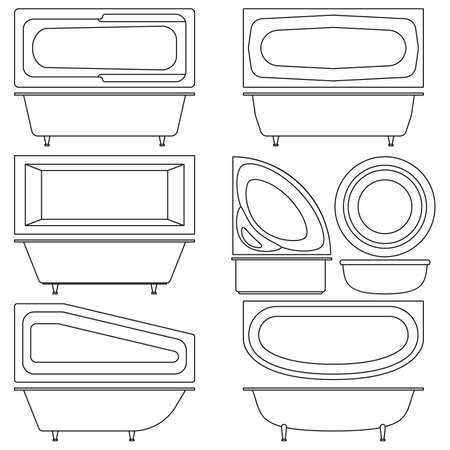 Set of icons bathtubs and washbasins. Top view and side. Bathtubs of different style and shape. Isolated on white background vector illustration. Transparent and outline icons.のイラスト素材