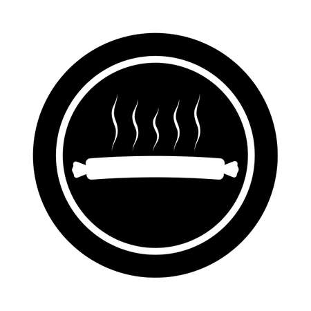 Silhouette sausage grill.  Grilled hot dog meal sign. Sausage bbq icon. Menu emblem. Round sign. Vector illustration.のイラスト素材