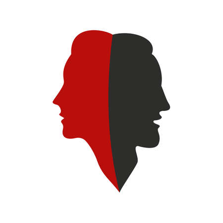 Male and female concept. Black and red silhouettes of man and woman together as one. Adult man and woman in profile. Vector illustration.のイラスト素材