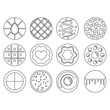 A set of round transparent outline icons cookies and biscuits with different patterns, with filling various shapes. Vector drawing. Isolated illustrations.のイラスト素材