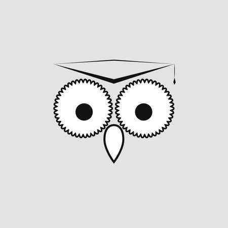 Owl in a academic hat. Learning and education icon. Vector template. Abstract illustration of owl with the eyes, beak in the academic hat. Graduation symbol and science symbol.のイラスト素材