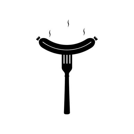 Grilled sausage smiles on fork. Vector silhouette icon on white background.のイラスト素材
