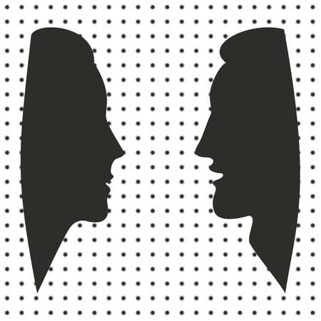 Man and woman silhouettes communicate without masks against the background of many corona virus bacteria in air. Virus infection process covid-19. Health care concept.のイラスト素材