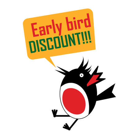 Early bird discount and sale. Banner geometric shape with text slogan. Early cheerful bird talking about special sale, promo, discount. Promotion template. Vector illustration.のイラスト素材
