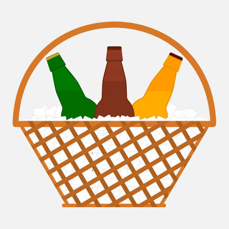 Bottles of beer in a wicker basket with ice cubes on white background. Vector illustration in flat style.のイラスト素材
