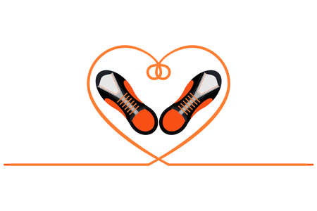 A pair of sneakers and a heart shaped shoelaces. Top view. A pair of gym shoes with long laces. Isolated vector illustration on white background. Flat style.のイラスト素材